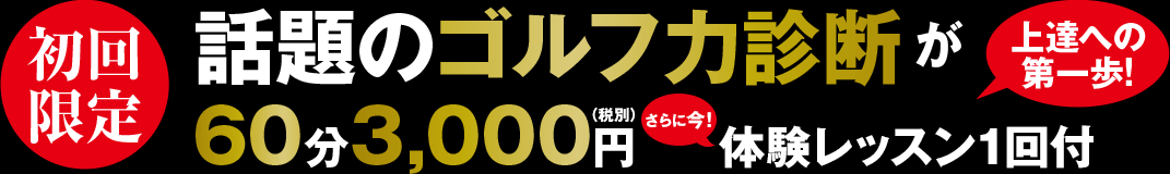初回限定 上達への第一歩！ 話題のゴルフ力診断が60分3,000円（税別）さらに今！体験レッスン1回付